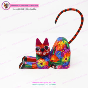 Escultura de Arte Oaxaqueño, Alebrije Gato Floreado Echado - Imagen 4