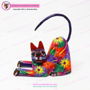 Escultura de Arte Oaxaqueño, Alebrije Gato Floreado Echado - Imagen 6