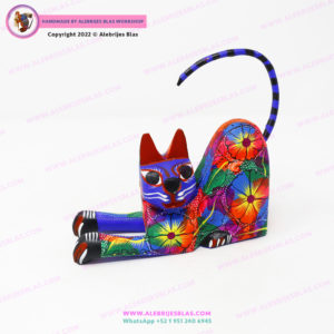 Escultura de Arte Oaxaqueño, Alebrije Gato Floreado Echado - Imagen 5